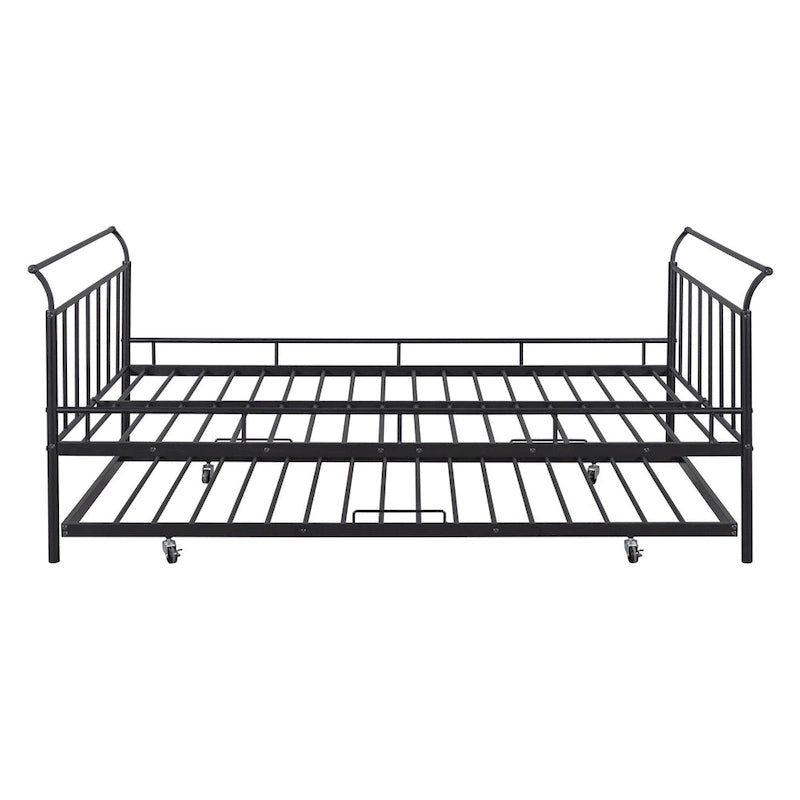 Lit de repos en métal avec tête de lit en forme de maison et lit gigogne double – Cadre de lit pour chambre d'enfants