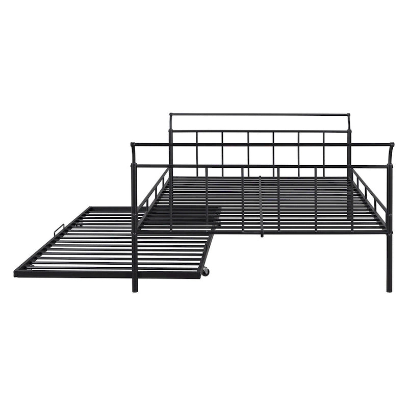 Lit de repos en métal avec tête de lit en forme de maison et lit gigogne double – Cadre de lit pour chambre d'enfants