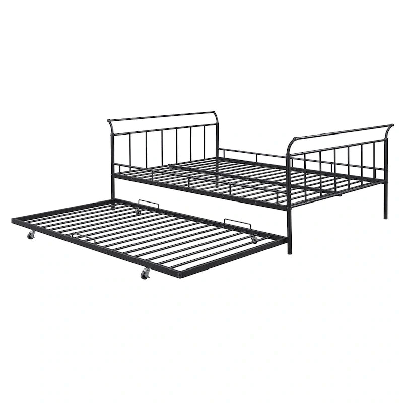 Lit de repos en métal avec tête de lit en forme de maison et lit gigogne double – Cadre de lit pour chambre d'enfants
