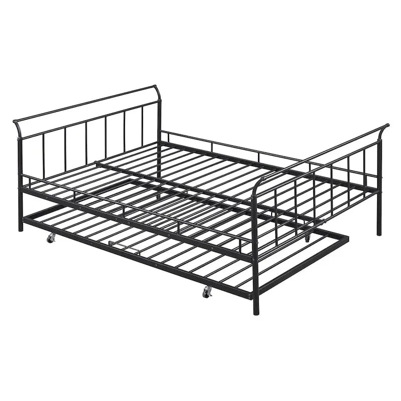 Lit de repos en métal avec tête de lit en forme de maison et lit gigogne double – Cadre de lit pour chambre d'enfants
