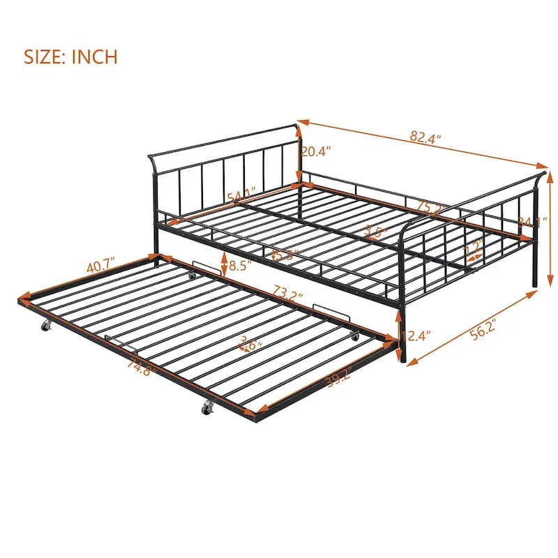 Lit de repos en métal avec tête de lit en forme de maison et lit gigogne double – Cadre de lit pour chambre d'enfants