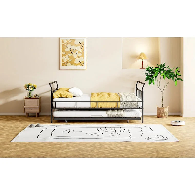 Lit de repos en métal avec tête de lit en forme de maison et lit gigogne double – Cadre de lit pour chambre d'enfants