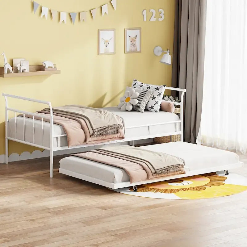 Lit de repos en métal avec tête de lit en forme de maison et lit gigogne double – Cadre de lit pour chambre d'enfants