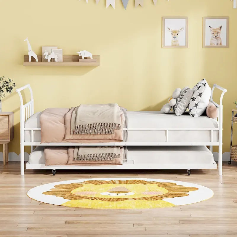 Lit de repos en métal avec tête de lit en forme de maison et lit gigogne double – Cadre de lit pour chambre d'enfants