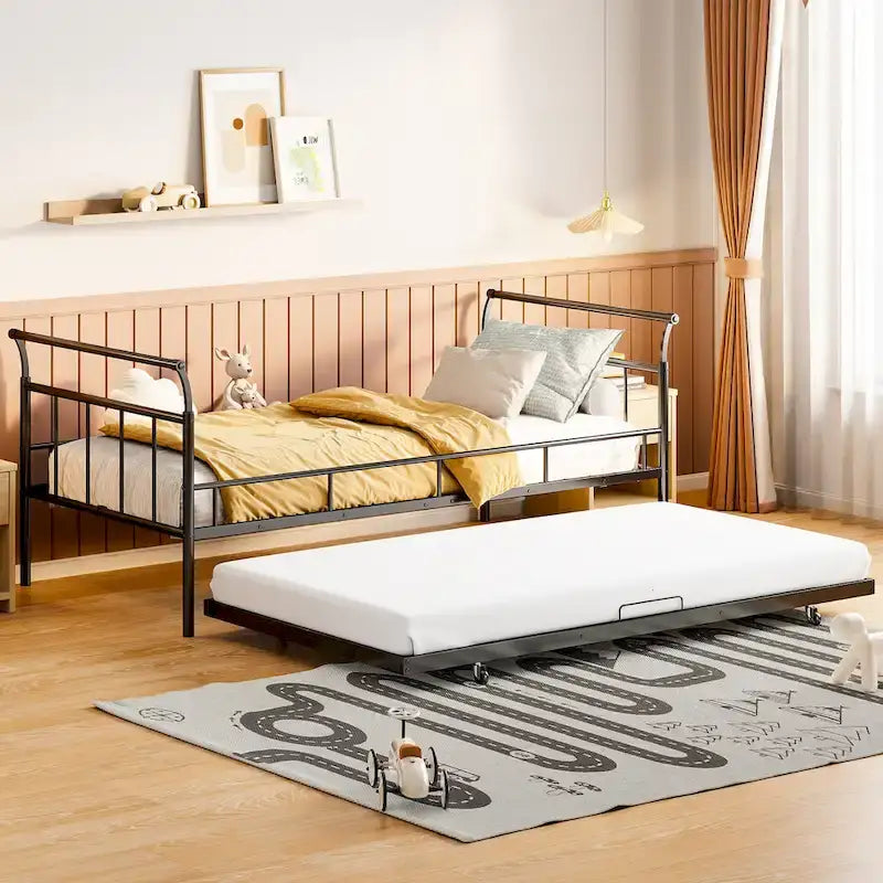 Lit de repos en métal avec tête de lit en forme de maison et lit gigogne double – Cadre de lit pour chambre d'enfants