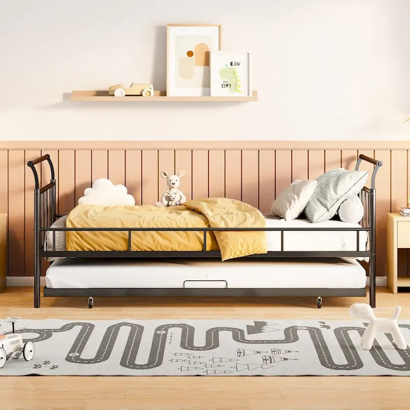 Lit de repos en métal avec tête de lit en forme de maison et lit gigogne double – Cadre de lit pour chambre d'enfants