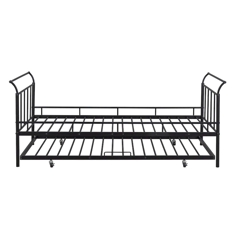 Lit de repos en métal avec tête de lit en forme de maison et lit gigogne double – Cadre de lit pour chambre d'enfants