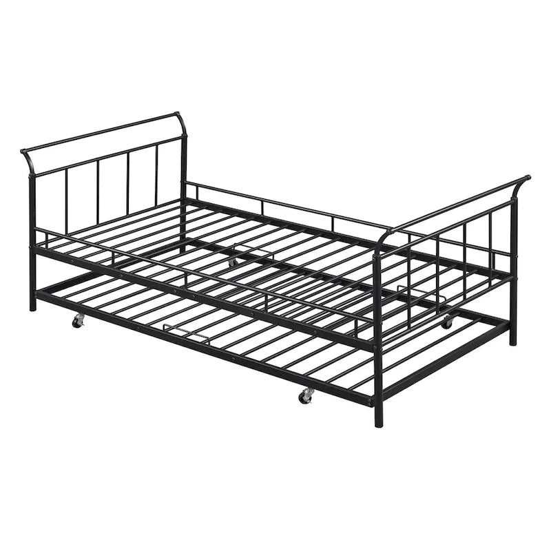 Lit de repos en métal avec tête de lit en forme de maison et lit gigogne double – Cadre de lit pour chambre d'enfants