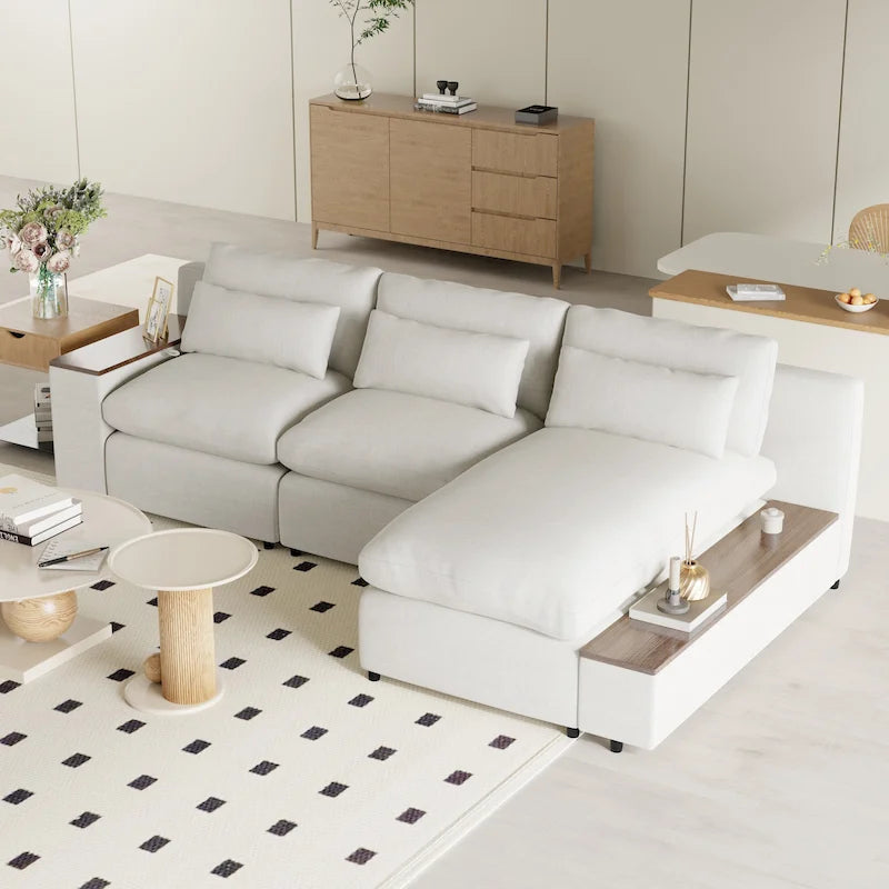 Canapé d'angle 3 places beige 279 cm avec rangements latéraux doubles – Tissu respirant, ressorts ensachés