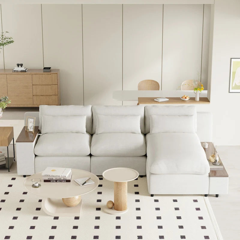 Canapé d'angle 3 places beige 279 cm avec rangements latéraux doubles – Tissu respirant, ressorts ensachés