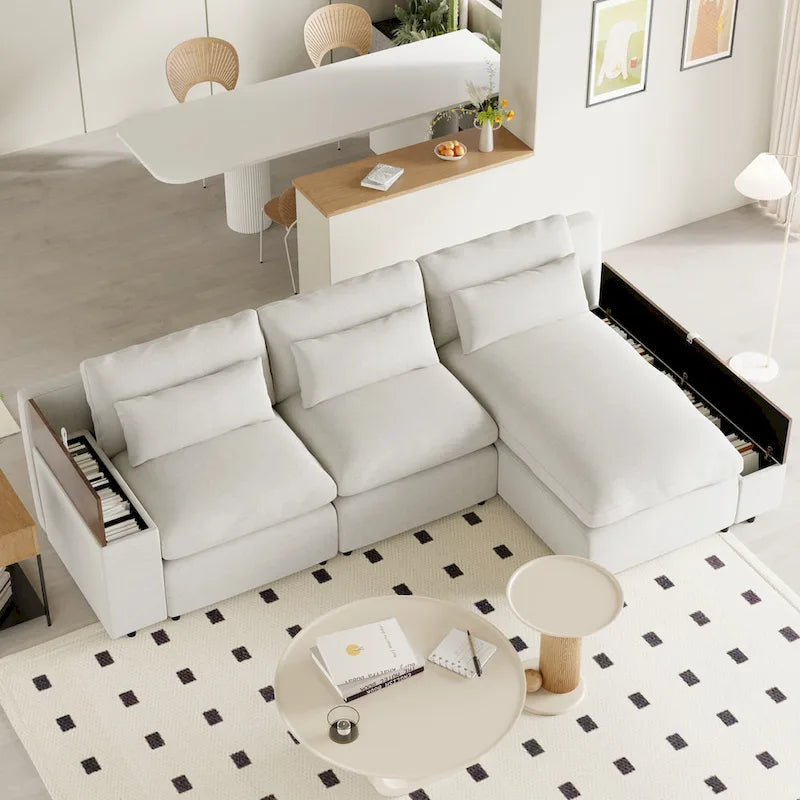 Canapé d'angle 3 places beige 279 cm avec rangements latéraux doubles – Tissu respirant, ressorts ensachés