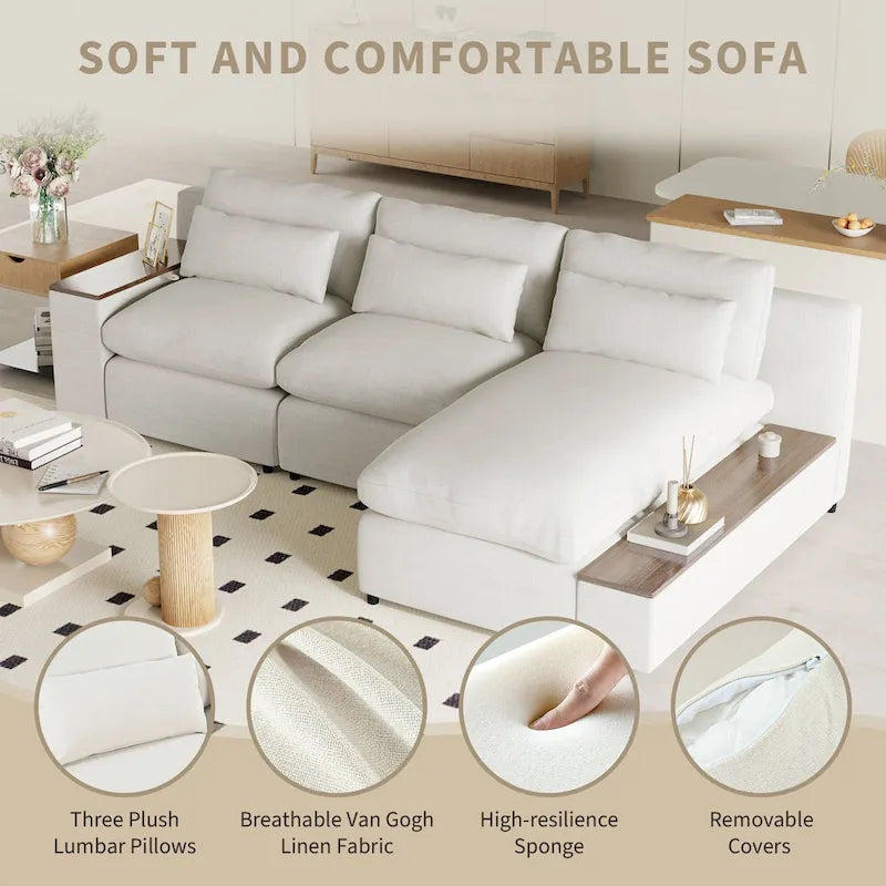 Canapé d'angle 3 places beige 279 cm avec rangements latéraux doubles – Tissu respirant, ressorts ensachés