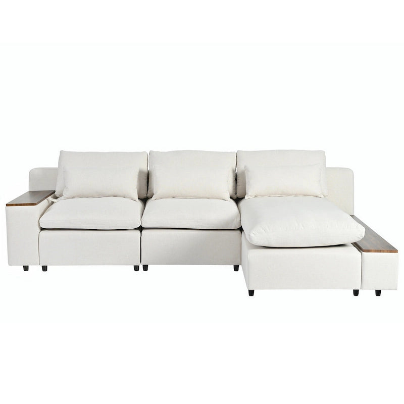 Canapé d'angle 3 places beige 279 cm avec rangements latéraux doubles – Tissu respirant, ressorts ensachés