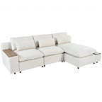 Canapé d'angle 3 places beige 279 cm avec rangements latéraux doubles – Tissu respirant, ressorts ensachés