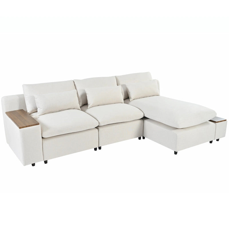 Canapé d'angle 3 places beige 279 cm avec rangements latéraux doubles – Tissu respirant, ressorts ensachés