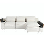 Canapé d'angle 3 places beige 279 cm avec rangements latéraux doubles – Tissu respirant, ressorts ensachés