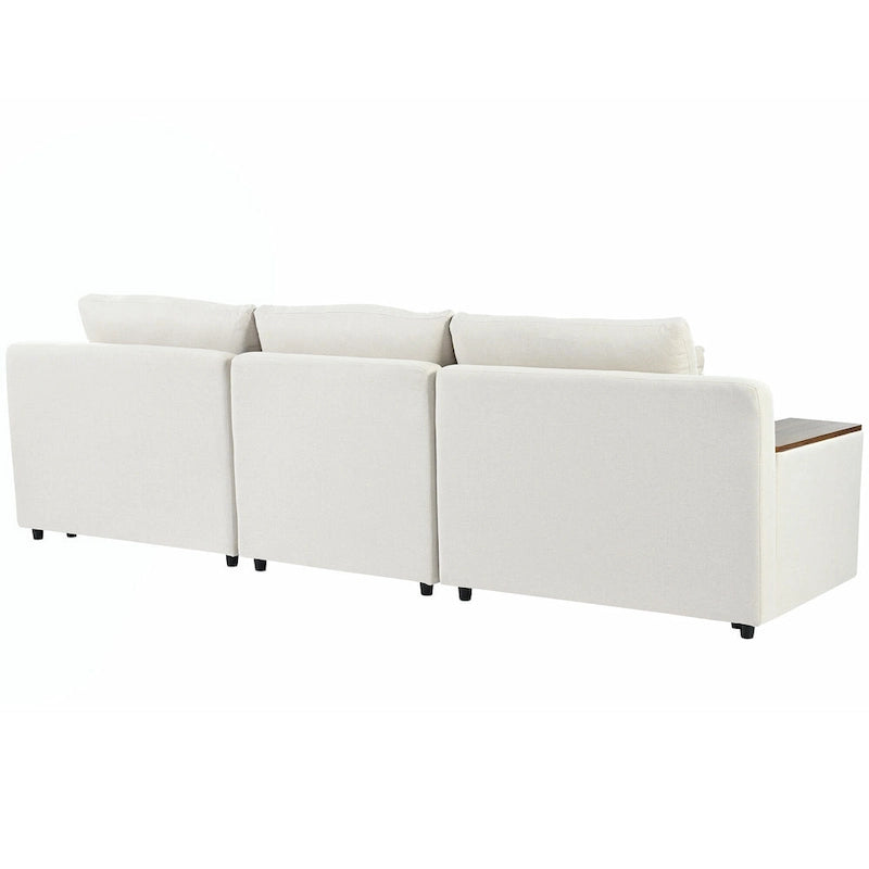 Canapé d'angle 3 places beige 279 cm avec rangements latéraux doubles – Tissu respirant, ressorts ensachés