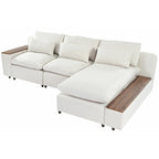 Canapé d'angle 3 places beige 279 cm avec rangements latéraux doubles – Tissu respirant, ressorts ensachés