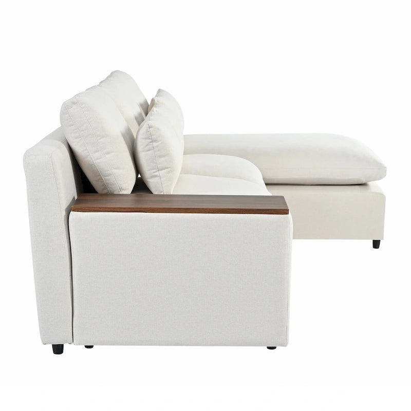 Canapé d'angle 3 places beige 279 cm avec rangements latéraux doubles – Tissu respirant, ressorts ensachés