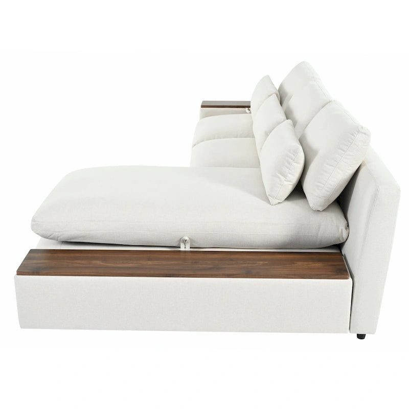 Canapé d'angle 3 places beige 279 cm avec rangements latéraux doubles – Tissu respirant, ressorts ensachés