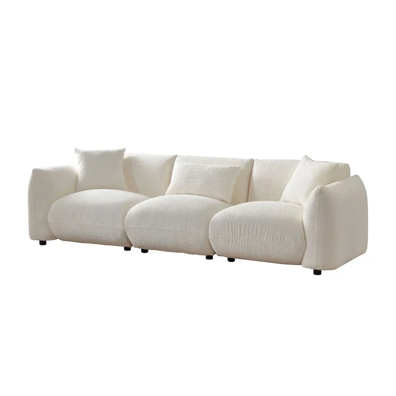 Canapé 3 places en bouclette beige 259 cm style Mid-century Modern avec oreillers