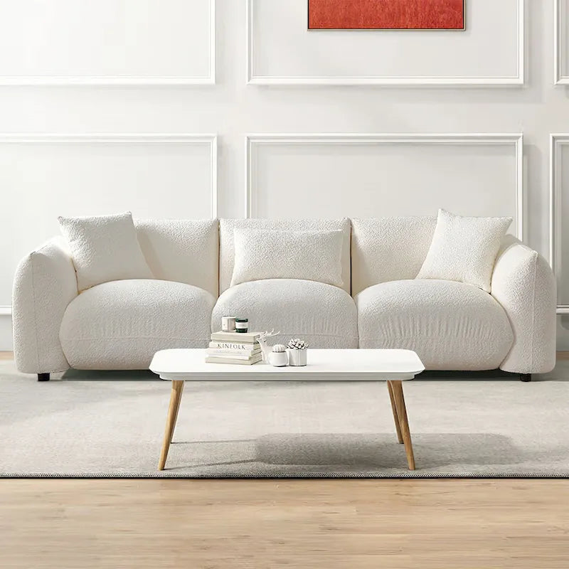 Canapé 3 places en bouclette beige 259 cm style Mid-century Modern avec oreillers