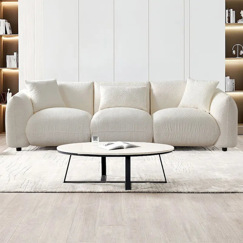 Canapé 3 places en bouclette beige 259 cm style Mid-century Modern avec oreillers