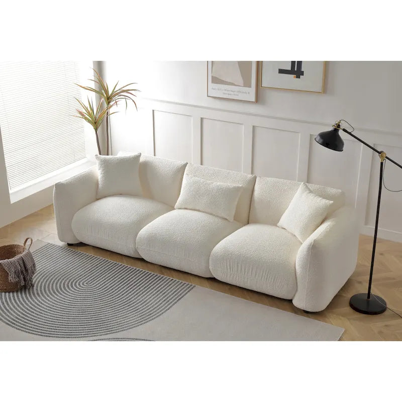 Canapé 3 places en bouclette beige 259 cm style Mid-century Modern avec oreillers