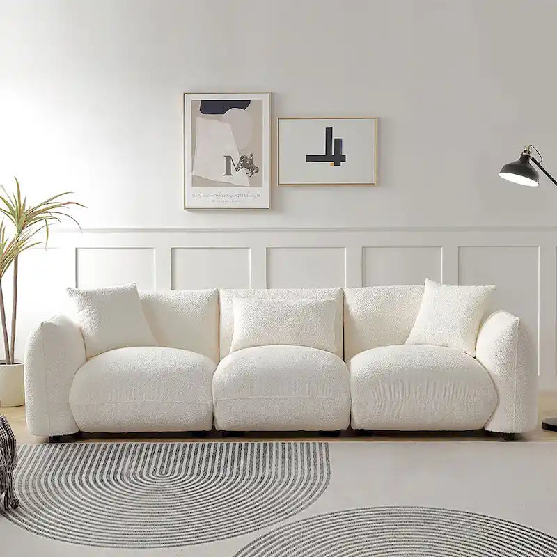 Canapé 3 places en bouclette beige 259 cm style Mid-century Modern avec oreillers