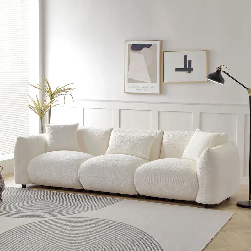 Canapé 3 places en bouclette beige 259 cm style Mid-century Modern avec oreillers