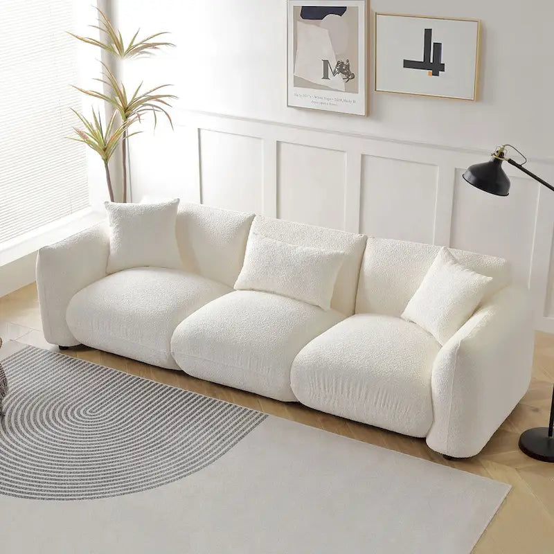 Canapé 3 places en bouclette beige 259 cm style Mid-century Modern avec oreillers