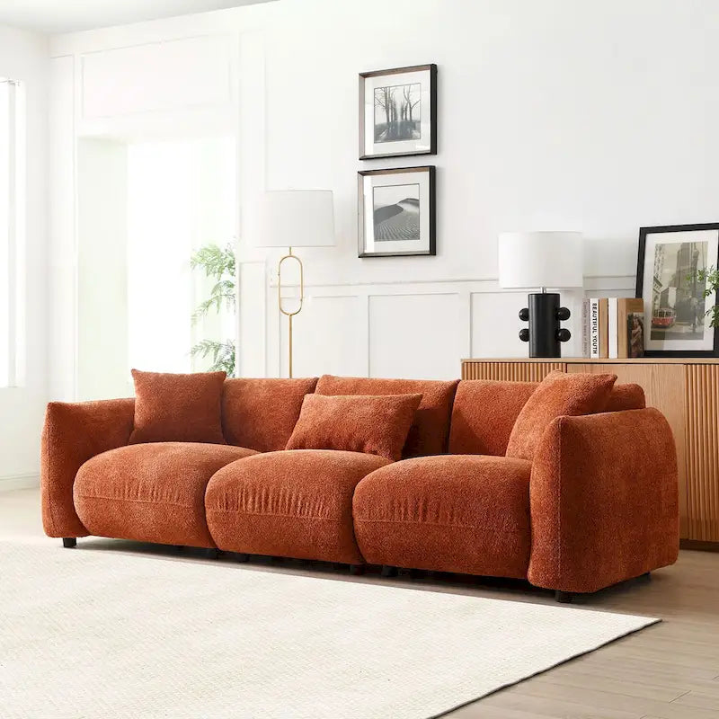 Canapé 3 places en bouclette beige 259 cm style Mid-century Modern avec oreillers