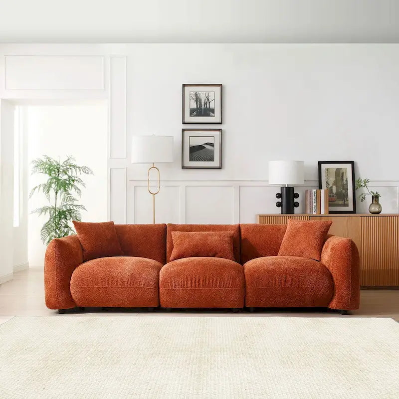 Canapé 3 places en bouclette beige 259 cm style Mid-century Modern avec oreillers