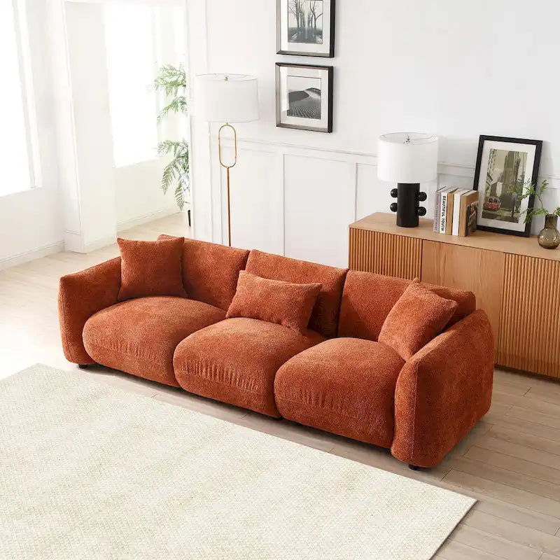 Canapé 3 places en bouclette beige 259 cm style Mid-century Modern avec oreillers