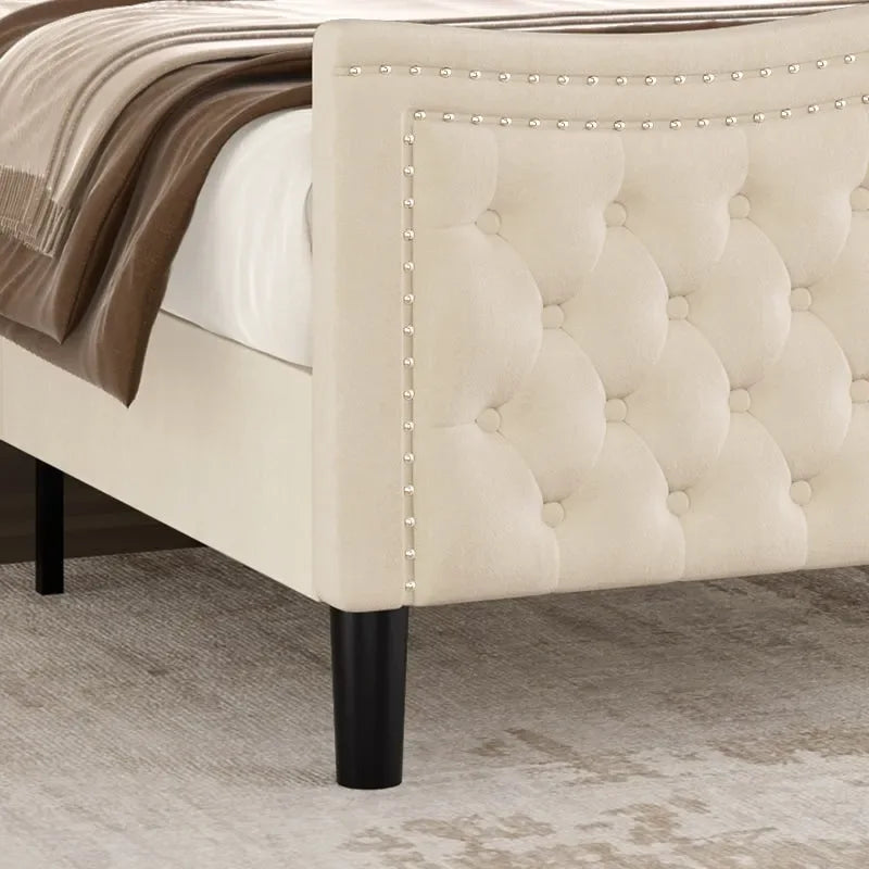 Lit plateforme moderne en velours – Tête de lit capitonnée, cadre en bois de pin, 227 kg