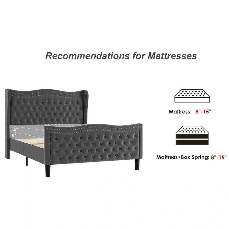 Lit plateforme moderne en velours – Tête de lit capitonnée, cadre en bois de pin, 227 kg