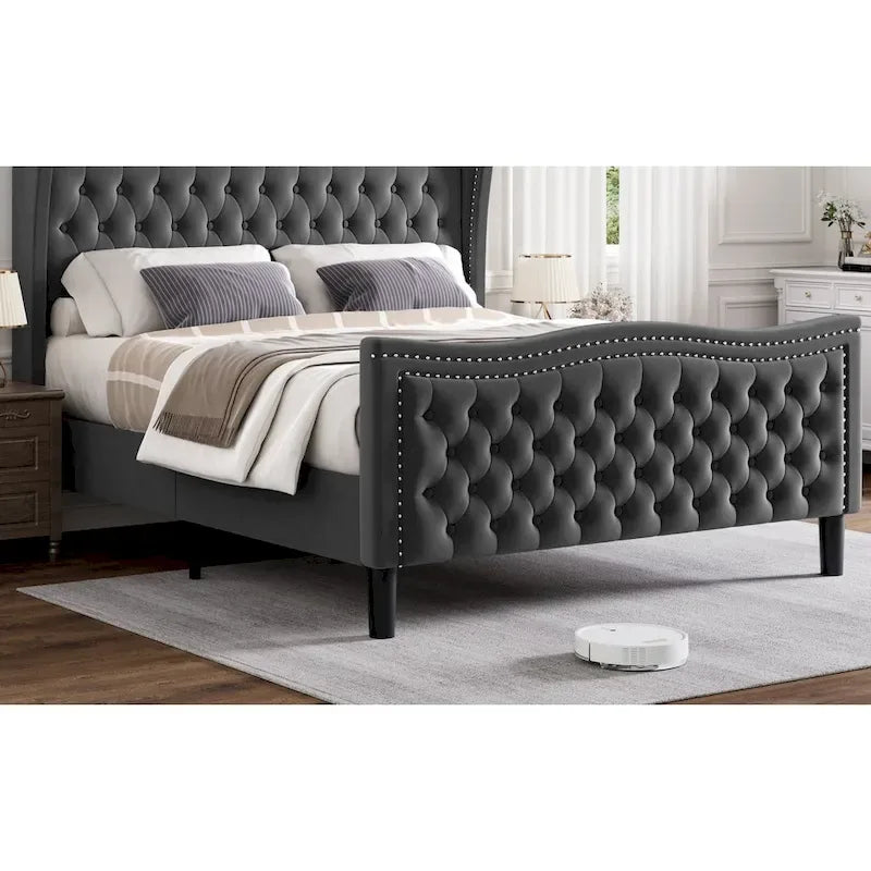 Lit plateforme moderne en velours – Tête de lit capitonnée, cadre en bois de pin, 227 kg