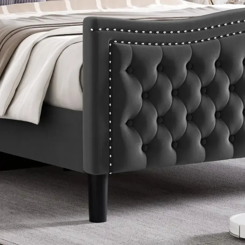 Lit plateforme moderne en velours – Tête de lit capitonnée, cadre en bois de pin, 227 kg