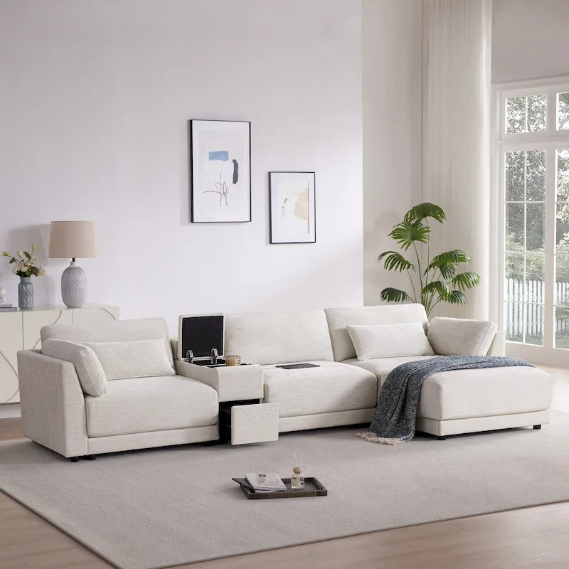 Canapé d'angle en chenille 4 places de 315 cm avec console de rangement - Style moderne