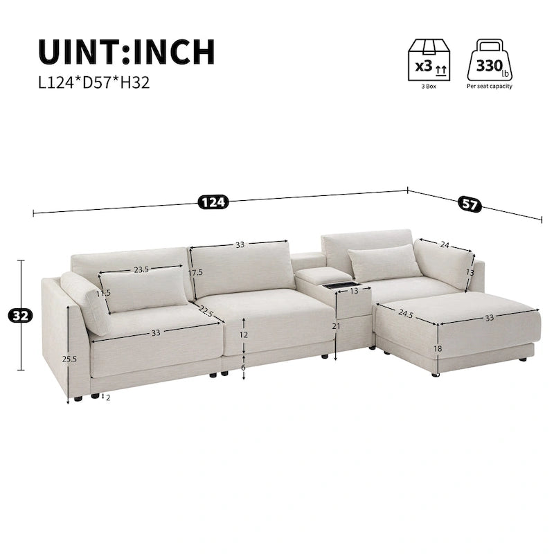 Canapé d'angle en chenille 4 places de 315 cm avec console de rangement - Style moderne