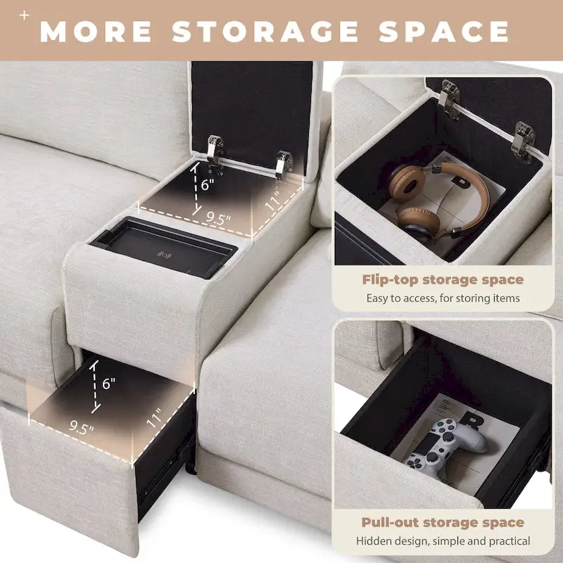 Canapé d'angle en chenille 4 places de 315 cm avec console de rangement - Style moderne