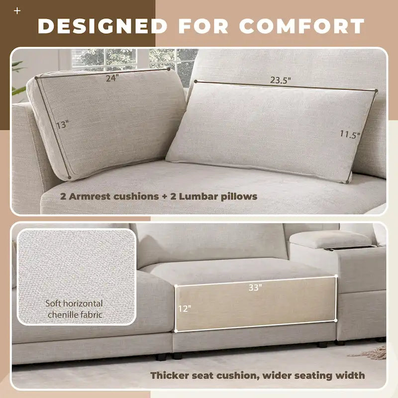 Canapé d'angle en chenille 4 places de 315 cm avec console de rangement - Style moderne