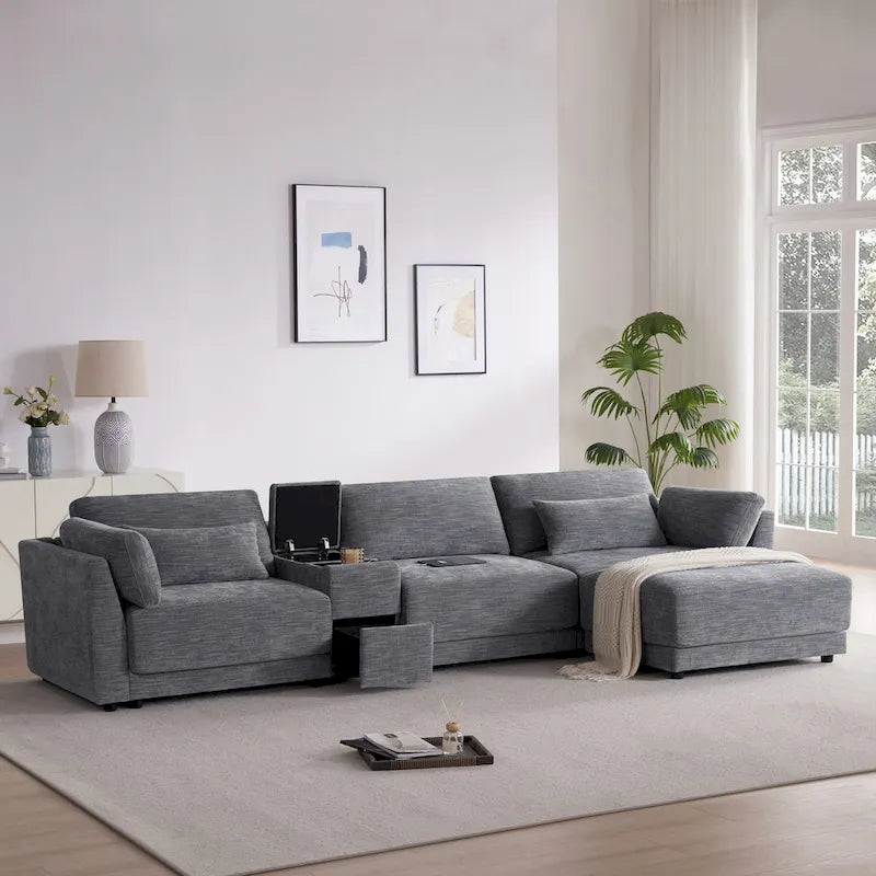 Canapé d'angle en chenille 4 places de 315 cm avec console de rangement - Style moderne