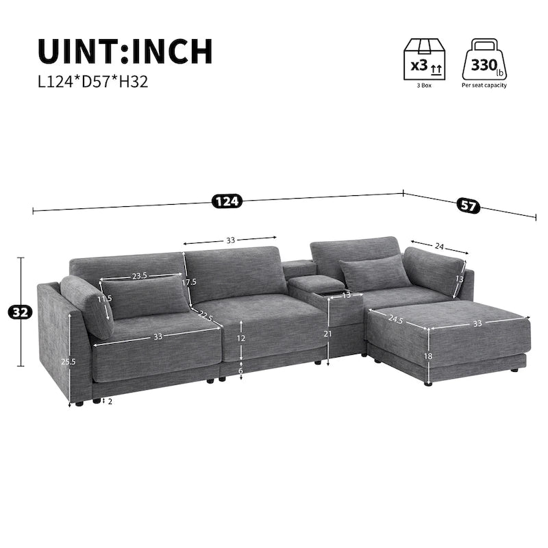 Canapé d'angle en chenille 4 places de 315 cm avec console de rangement - Style moderne