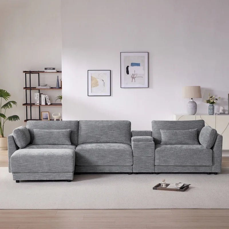 Canapé d'angle en chenille 4 places de 315 cm avec console de rangement - Style moderne