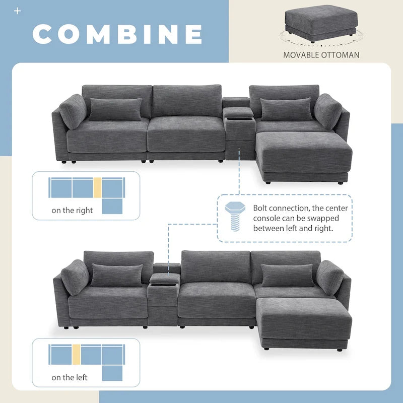 Canapé d'angle en chenille 4 places de 315 cm avec console de rangement - Style moderne