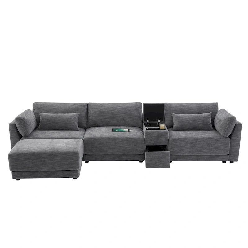Canapé d'angle en chenille 4 places de 315 cm avec console de rangement - Style moderne