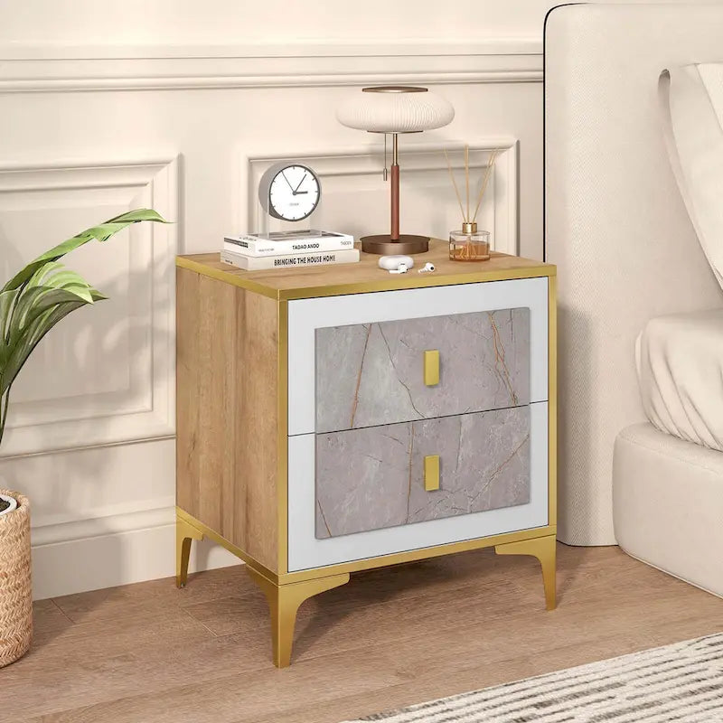 Table de chevet avec surface effet marbre et tiroir de rangement - Table de nuit moderne