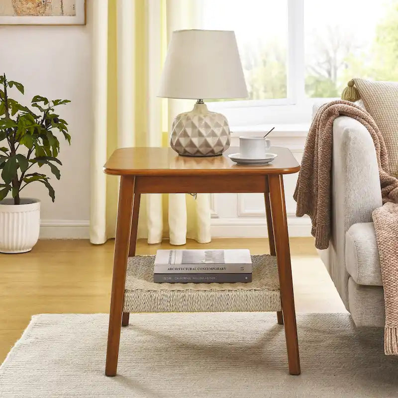 Table d'appoint carrée Mid-Century avec étagère tissée Noyer
