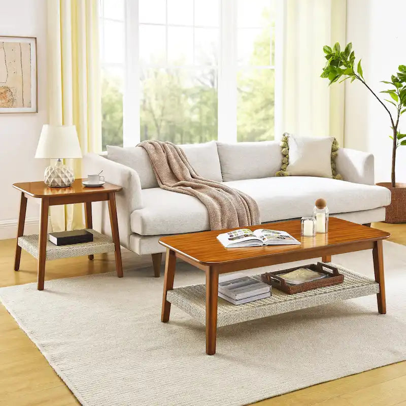 Table d'appoint carrée Mid-Century avec étagère tissée Noyer